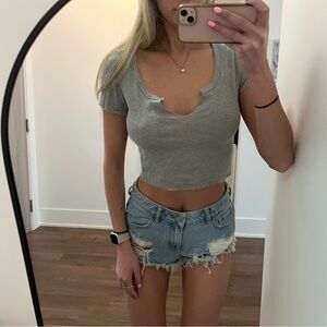 Topshop Gray Ribbed Cropped Scoop Neck Tee